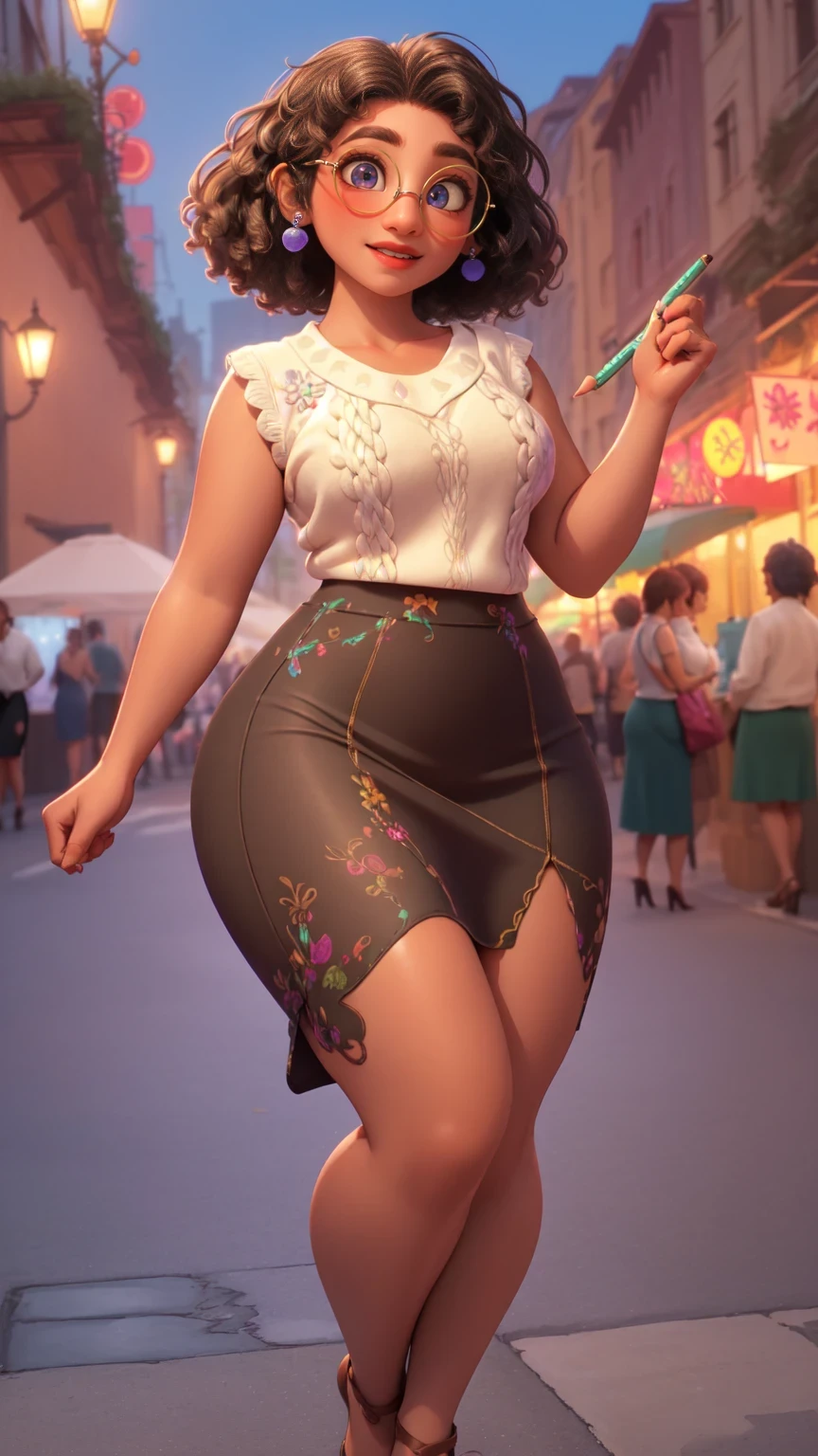 mirabel madrigal, glasses, smile, ((sleeveless sweater)), market background, (((pencil skirt))), (((brown skin))), detailed skin, perfect legs, perfect thighs, (((curvy body))), BIG BREASTS, INVITING TO SEX