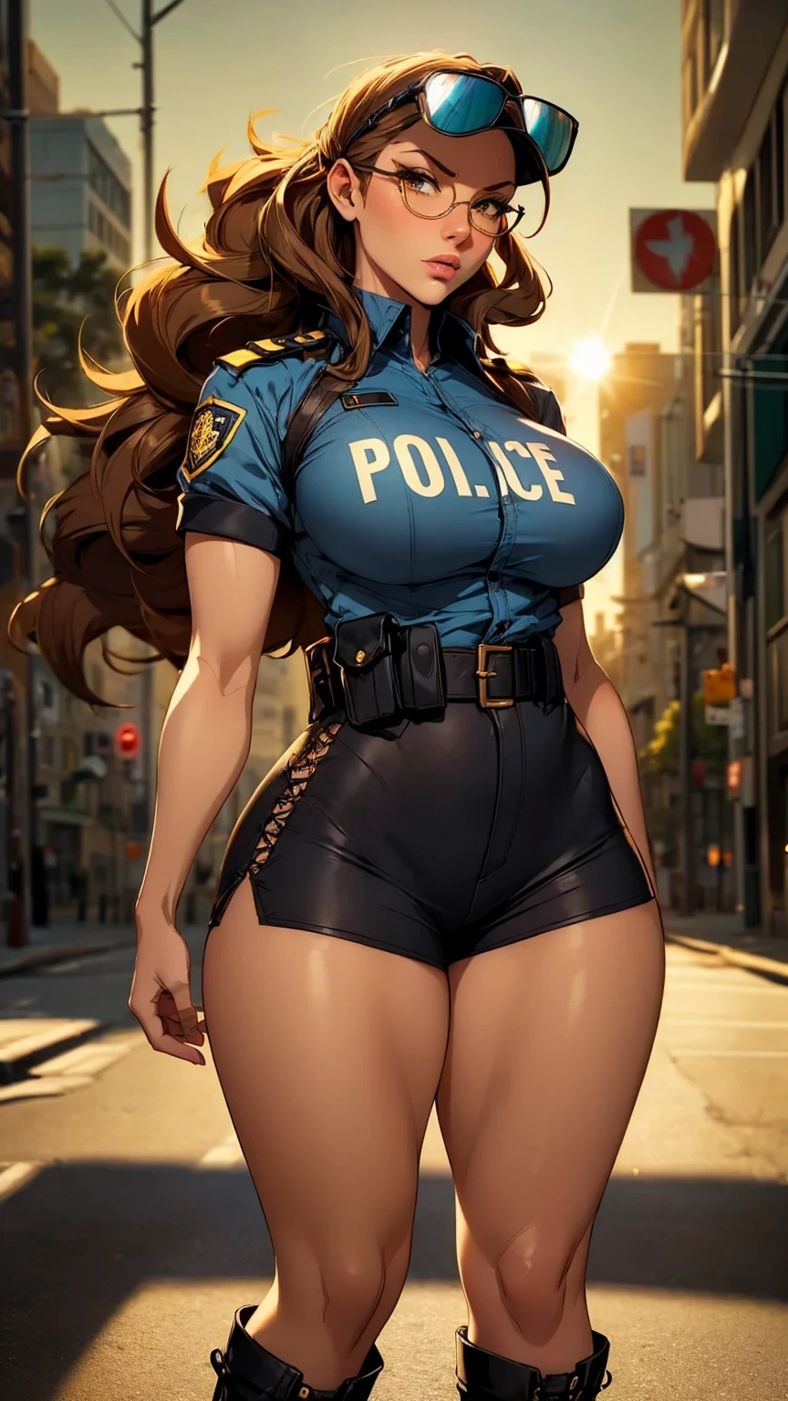 Milf Jane porter black hair wearing brown shirt and shorts holding gun thick lips thick thighs huge breasts curvy in city night high quality masterpiece.