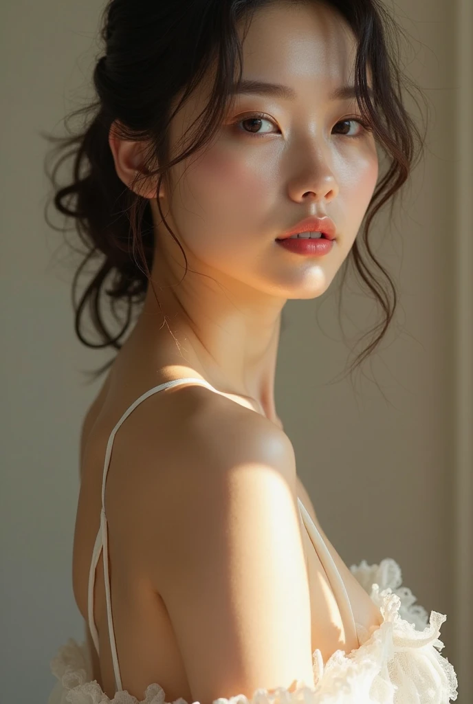 editorial photography,super detailed background,Super realistic,double exposure,depth of field,beauty super slender skinny young vides,soft focus pure tone,narrative scene,Plain color lyocell camisole,lean against the wall,