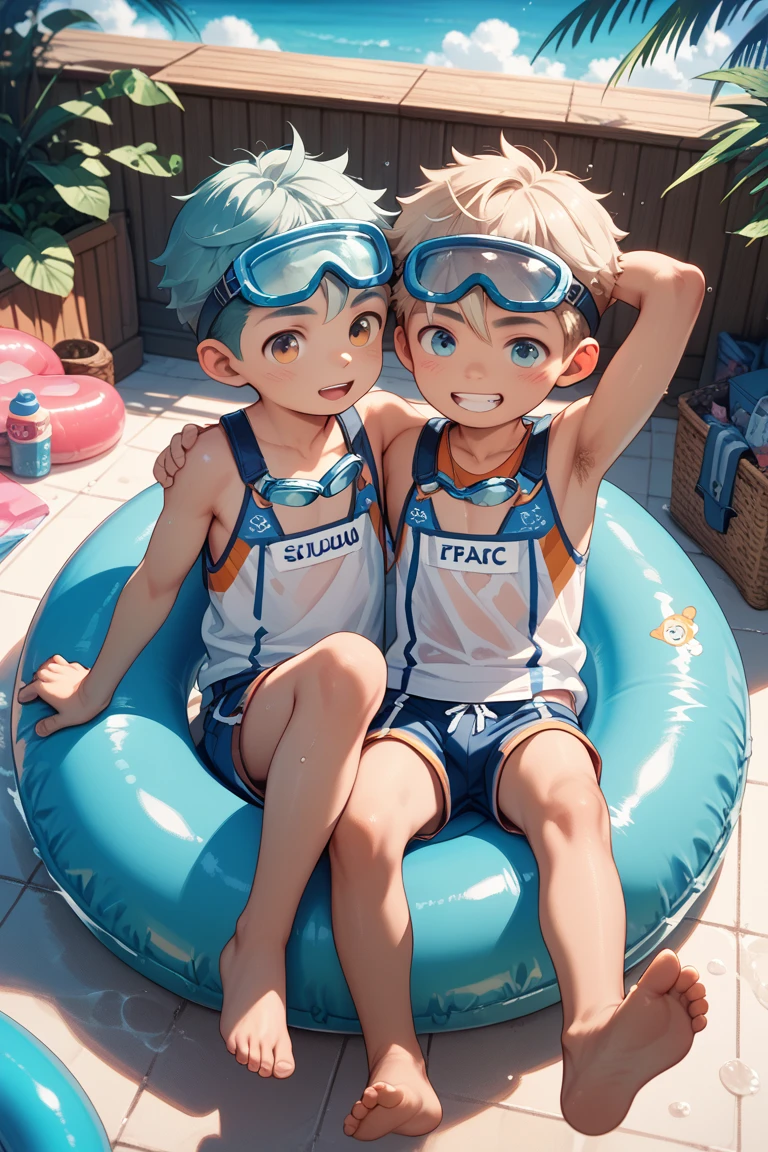 Two cute brothers aged 14 and 15, 14 and 15 years of silver hair. discuten en medio del desierto usan toples boxers color azul. estan sin camisa, cabello lacio corto