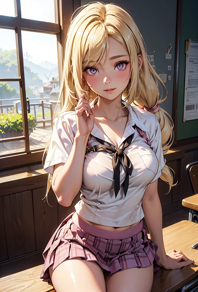 Best Quality, Realistic, Realistic, Award-Winning, (Intricate Details: 1.2), (Fine Details), (Intricate Details), (Cinematic Light, Best Quality Backlight), Clear Lines, Sharp Focus, Official Art, Unity 8k Wallpaper, Ridiculous, Incredibly Ridiculous, Fantasy Art, ,long hair, 1girl, hair ornament, solo, breasts, blue eyes, cleavage, bow, bear hair ornament, necktie, blonde hair, bangs, looking at viewer, collarbone, shirt, nail polish, red bow, black shirt, underwear, bra, skirt, choker, black bra, sleeves rolled up, white necktie, red nails, pleated skirt, red skirt, medium breasts, miniskirt, shiny hair, pink hair, boots, plaid skirt,