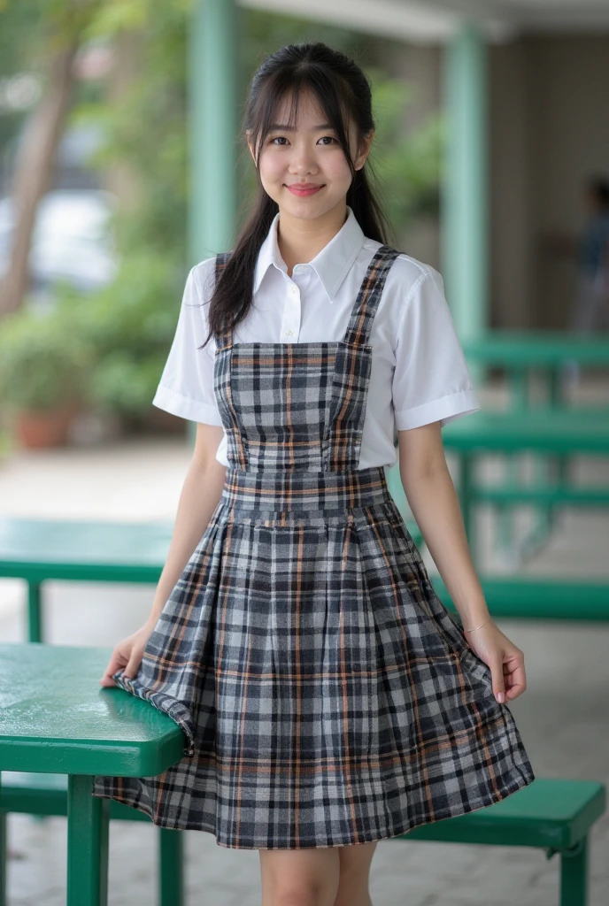 　(((Japanese female elementary school student)))(10 year old girl)　((((10 year old girlが一人、solo))))　whole body写真　Full Shot　Short Hair　A low ponytail　whole body　Thighs 　(share)　(Dark, tanned skin)Apron dress　Private elementary school uniforms　Ribbon tie　(drop bow knot)cute　(smile)　Elementary school classroom　　Shot from between the legs　Spread your legs　shareを開く 　Through the gap(Panties)I can see
