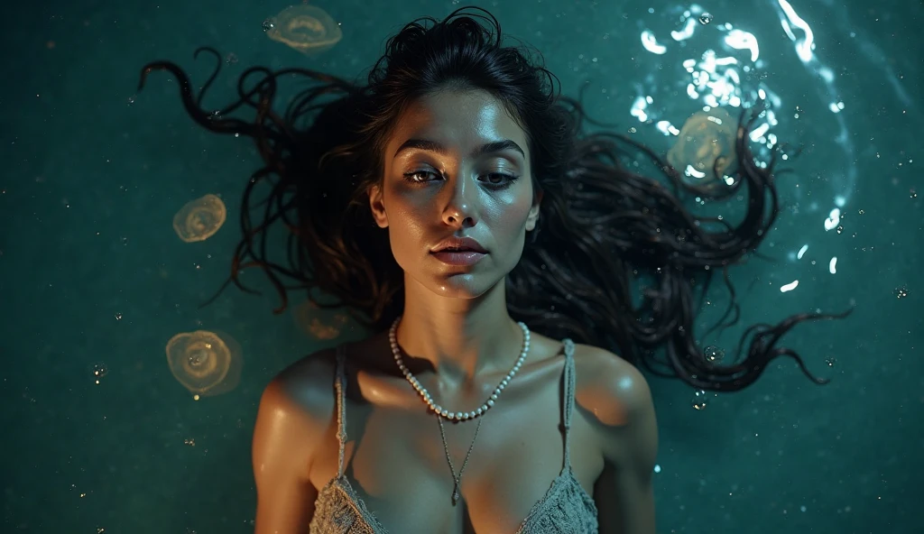 a beautiful biracial latina woman, long wavy light blue hair, light blue eyes, large breasts, floating and laying in the void, blue fog hide her nudity ,Résolution Haute, detailled full body photo