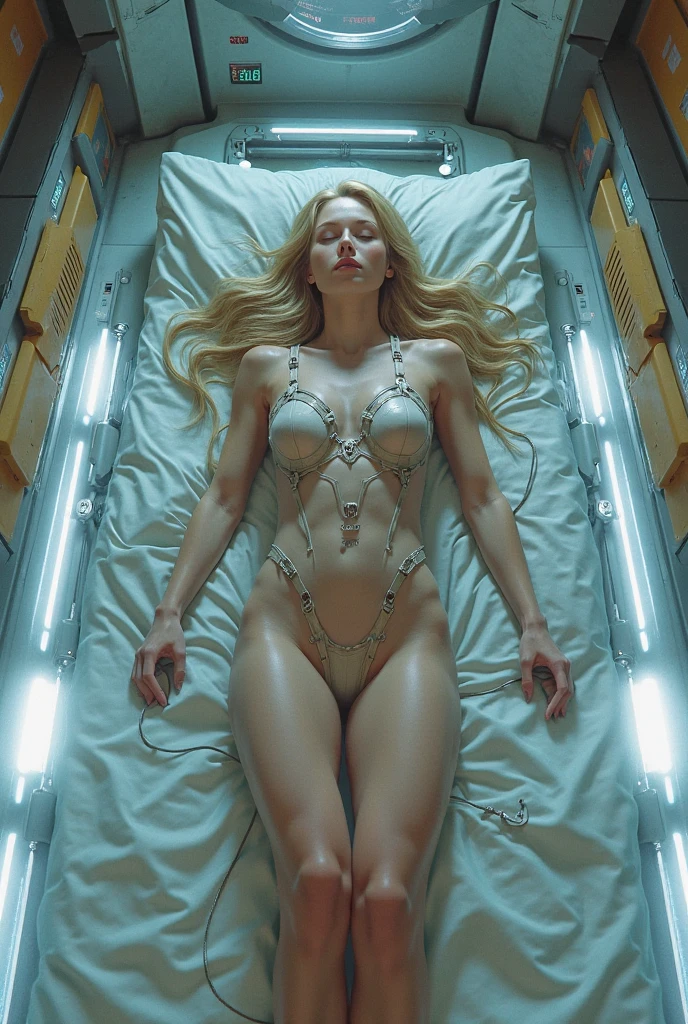 nsfw, (1supergirl) (digital) (in detailed laboratory, (sex machine, restrained, bound, bdsm, object insertion, container, arms up, from above)) , best quality, smachine