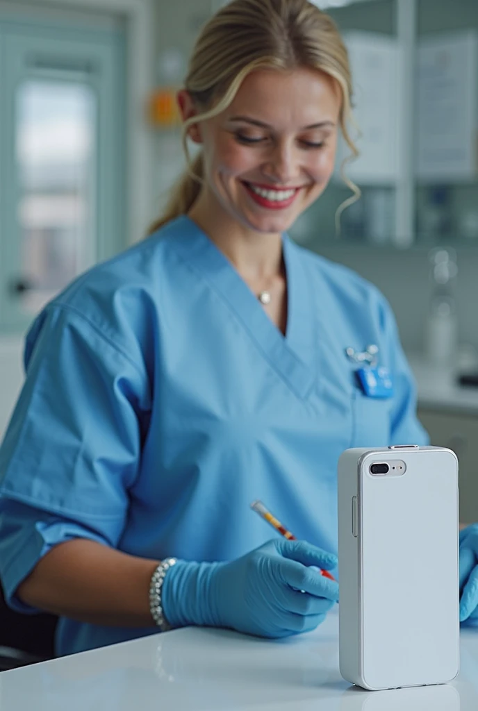 (photorealism:1.2), beautiful woman, selfie, at hospital, wearing nurse outfit, flashing boobs discretly, long blonde straight hair, smiling