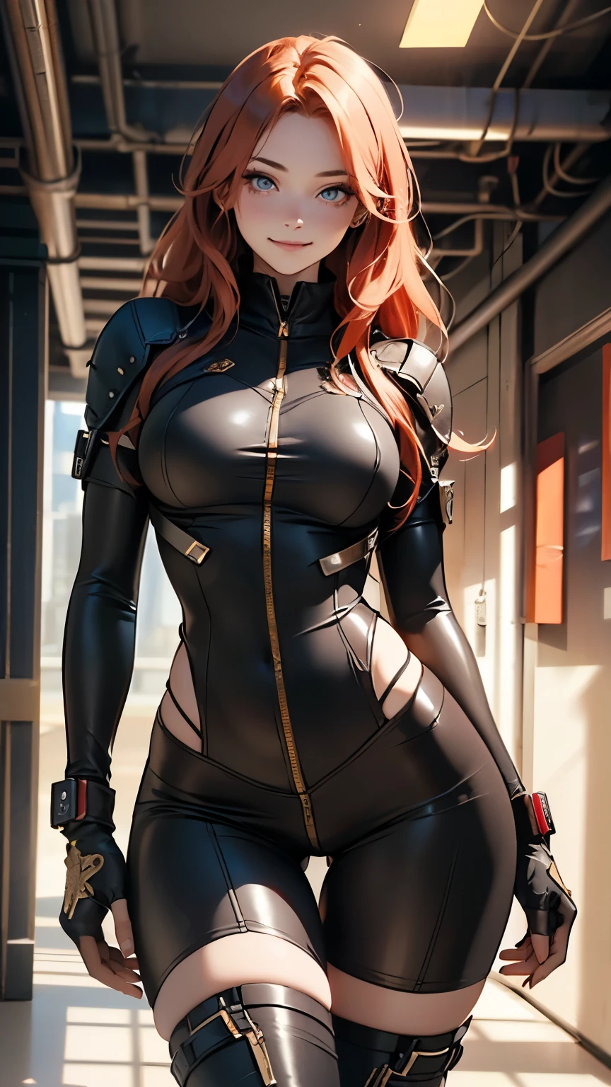 skin completely covered by clothing, high detail, Full body, wearing (tight shirt:1.2), beautiful detailed face, hazel eyes, (attractive fitness woman:1.3), (seductive:1.1), (blushing:1.1), hourglass body shape, complete shiny aerobic black latex bodysuit, big round breasts