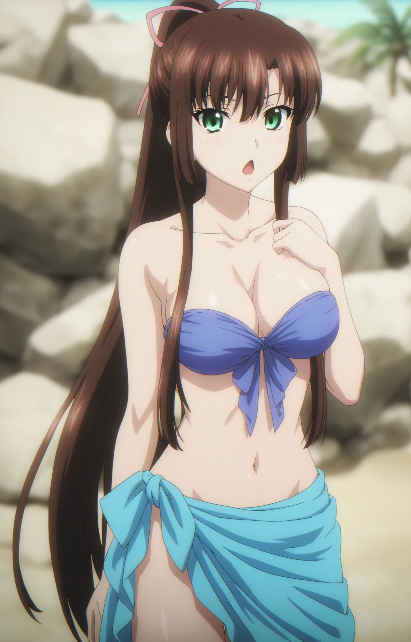 masterpiece, best quality, 1 solo girl, brown hair, brown eyes, long hair, medium breasts, mature body and face, wavy hair, white bikini, scarf, beach, white sand, beach ball, summer, leg up, cowboy shots, detailed body, face, and eyes, sharp focus, vibrant, creative, dynamic, high definition, high resolution, 8k, (Upscale: R-ESRGAN 4x+ Anime6mage enchance:4x), voluptuous body, lying at the sand