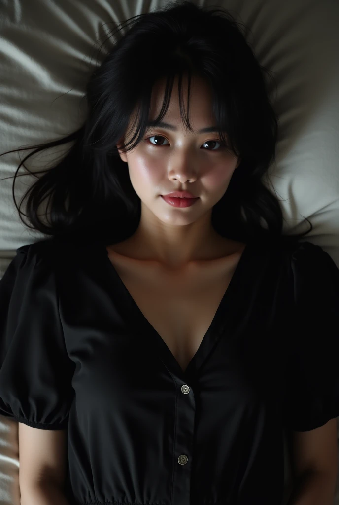 highest quality, masterpiece, realistic:1.3, 1girl, ((cowboy shot)), from above, lie on one’s back, arms up, (looking at camera:1.3), pajama, ((medium busts:1.3)), black short hair, on bed