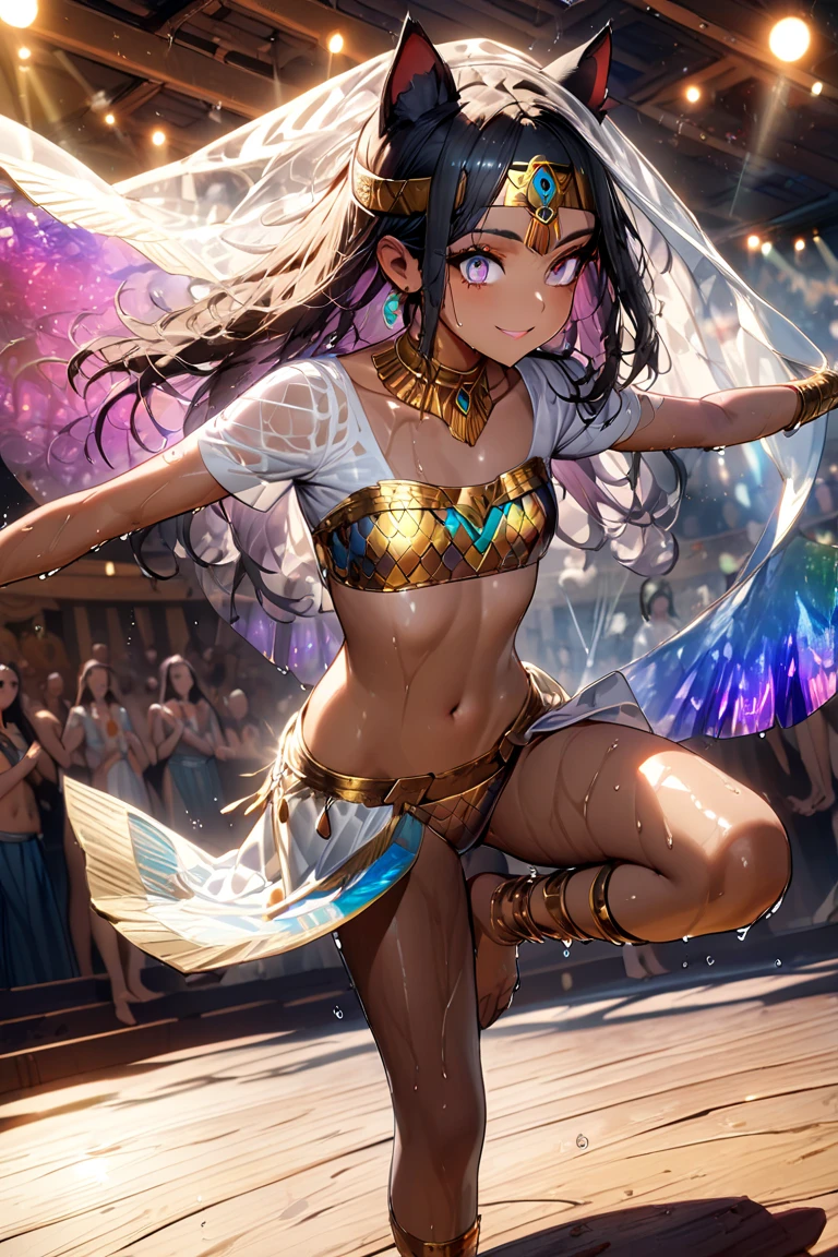 Anime illustration of a Belly dancer in traditional attire, in a fluid belly dance pose with high speed spinning, high speed step with extended arms and legs, arobatic moves, acrobatic angle, with legs spread wide, arms outstretched, and fabrics flowing dynamically. Emphasize speed and energy with motion lines and trailing fabrics. while she dances inside ancient Egyptian-style gorgeous festival. colorful illustrations, highly detailed, high resolution, in the style of digital painting, natural lighting, sharp focus, --niji 6 --ar 5:7