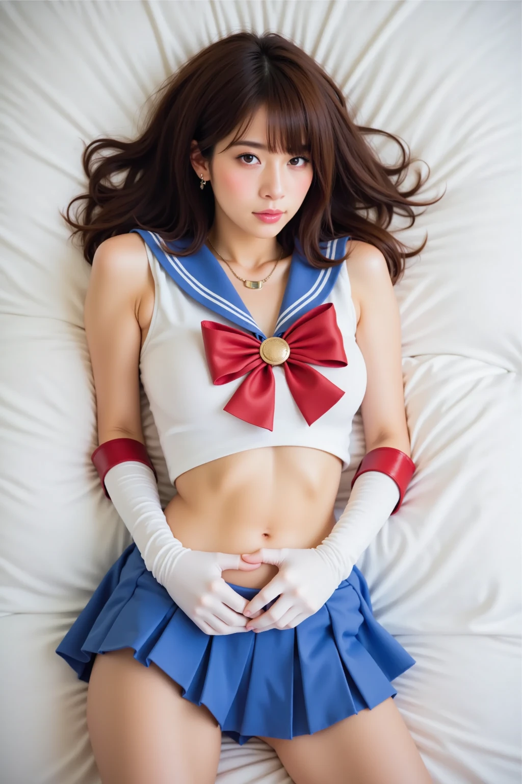 ((perfect anatomy, anatomically correct, super detailed skin))), 1 woman, ((sailor warrior uniform:1.6, sailor moon, sailor mars, sailor Venuses, sailor guardians)), from front, shiny skin, detailed hair, detailed face, detailed eyes, (long hair:1.5, brunette hair:1.7), natural bangs, hair between eye, light brown hair, brown eyes, babyface, lip gloss, beautiful body, normal breasts, beautiful thighs, beautiful legs, camel toe, ((detailed cloth texture, blue, red, white, sleeveless top , pleated skirt, pantyhose:1.6, boots:1.6)), white panties, beautiful scenery, summer, (lying on back:1.4), ((close eyes:1.6)), (sleeping), laying on the bed, (8k, top quality, masterpiece:1.2, extremely detailed), (realistic, photorealistic:1.4), beautiful illustration, natural lighting,