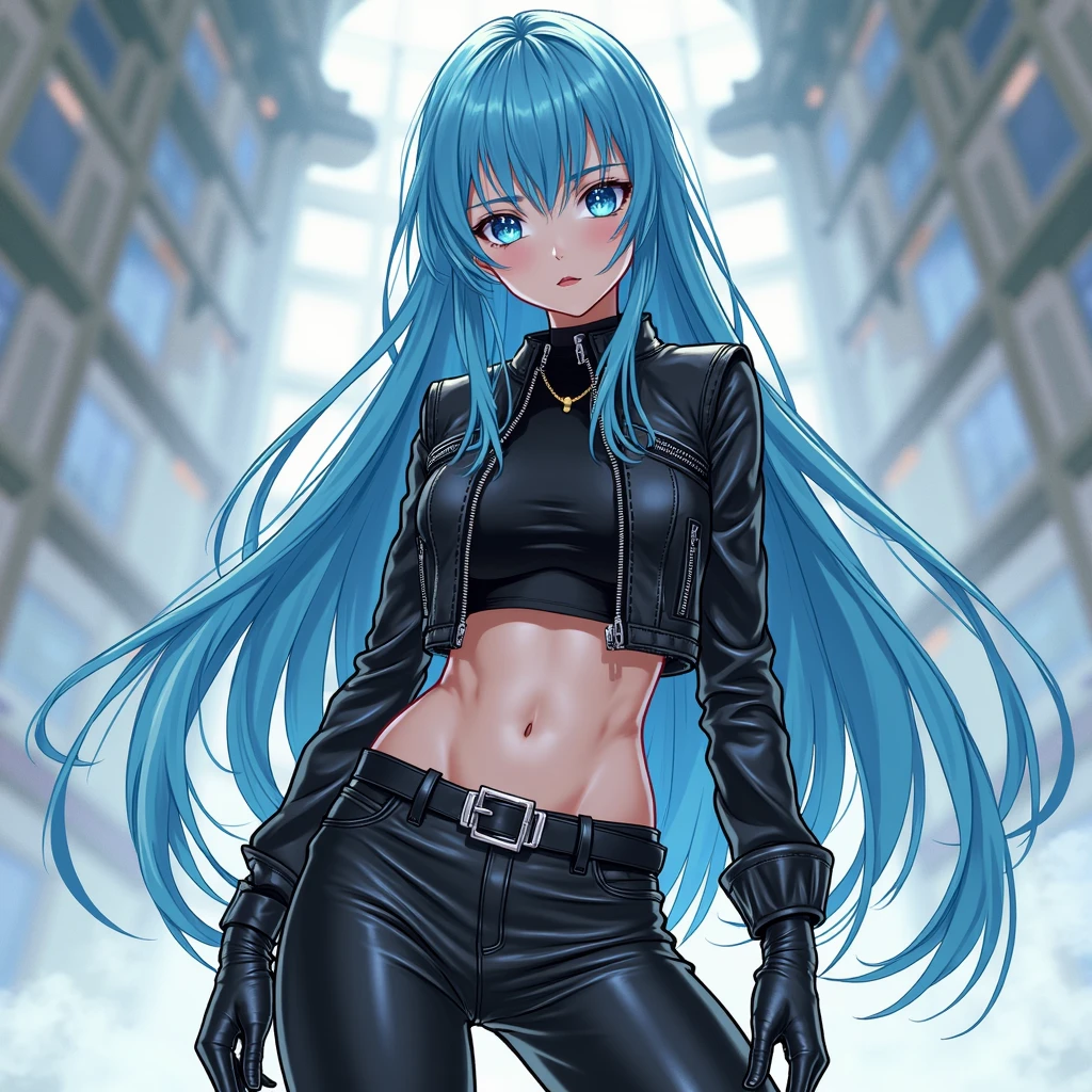woman, slender, hourglass figure, pale skin, long straight hair, ink blue hair, blue and red heterochromia, oversized clothes, modest clothes, dark clothes, tank top, jeans, loose jacket, distant expression