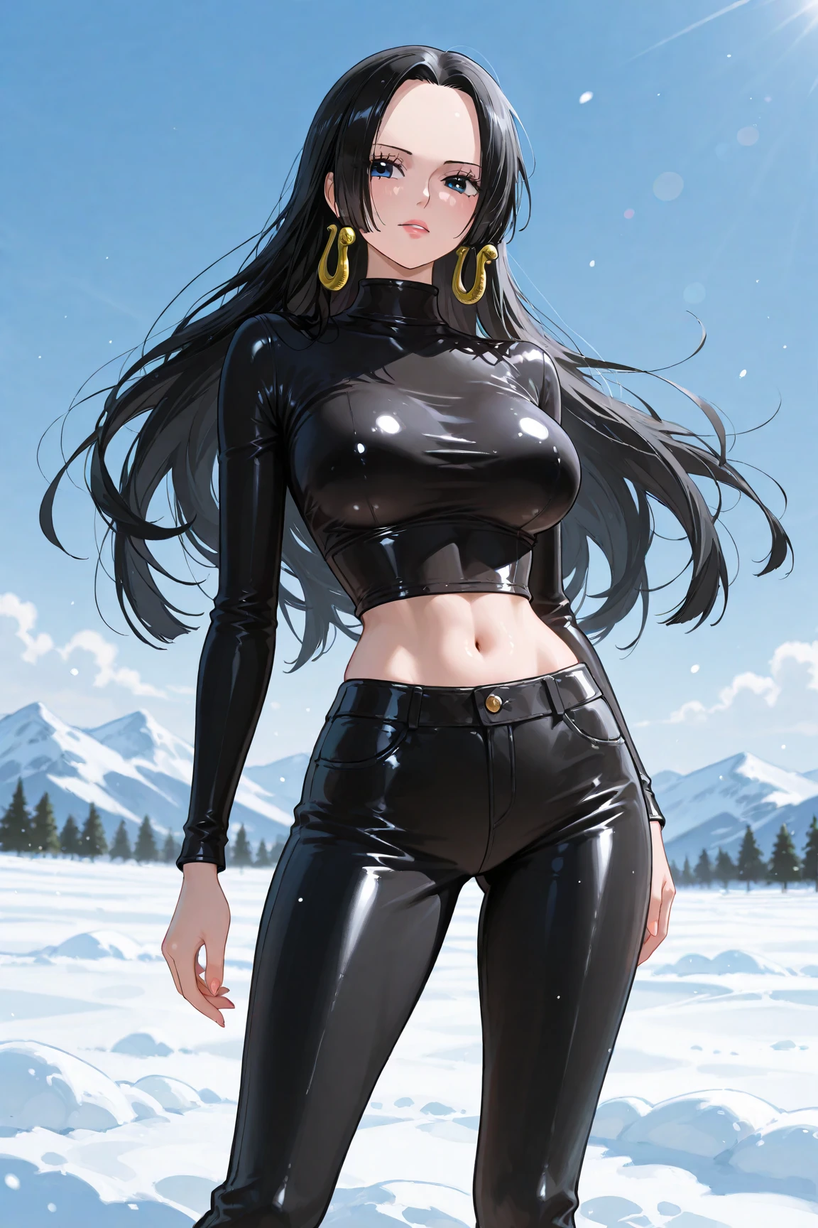 snowy landscape, straight body woman, slim, fit, light-skinned woman, dark hair, ponytail, ski jacket, open jacket, navel, abdominal lines, close-up, bright green eyes, vibrant colors, teal jacket and yellow, ski pants, (((rich textures))), ((extremely detailed)), ((more details)), (((masterpiece))), (((best quality))), (effects magical ), (glow), (((saturated colors))), (bright colors), (vivid colors), rpgcardstyle, ((curvy)), tight-fitting clothing, smile, UHDR, Posing variant,