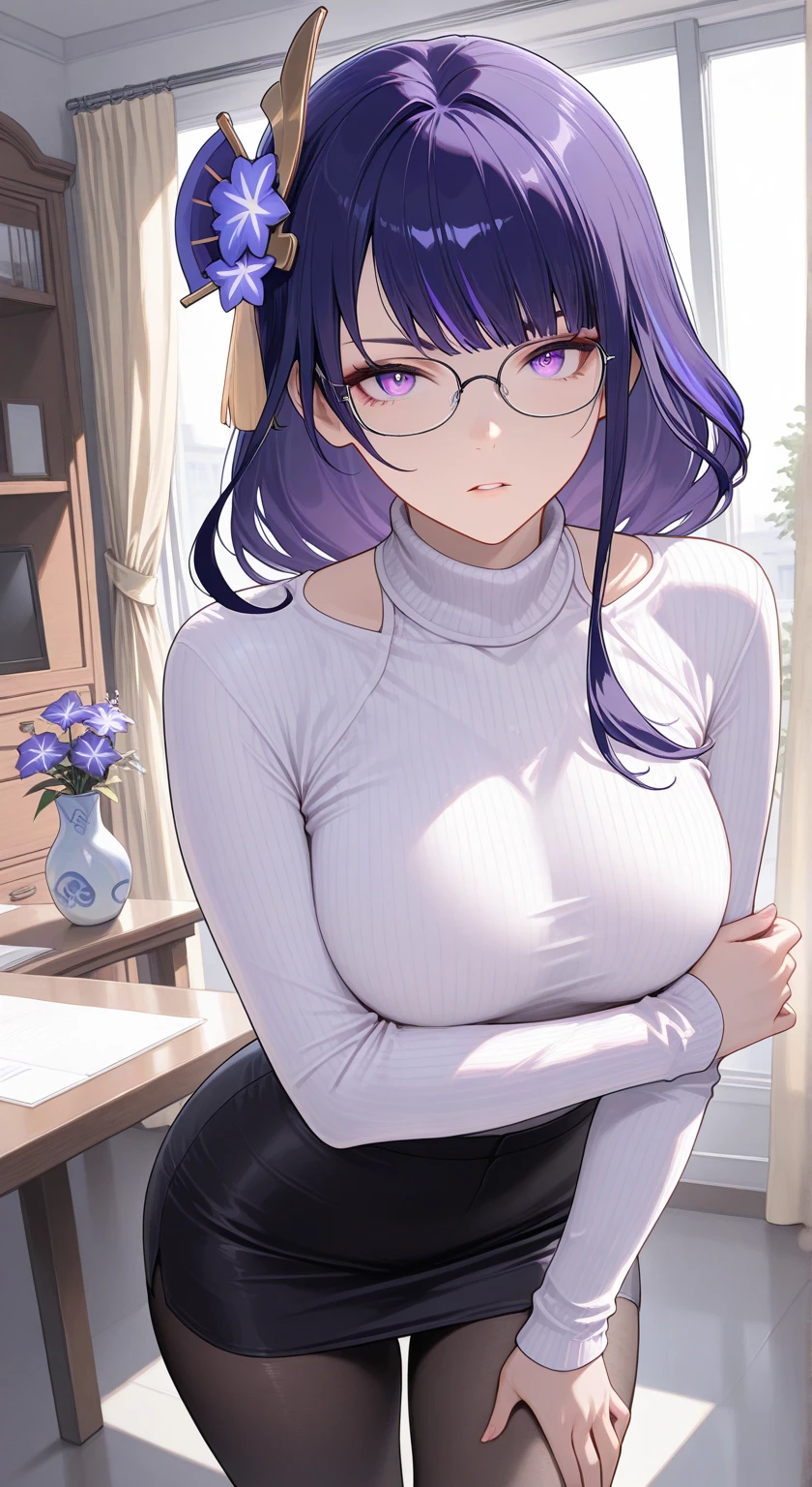 1girl,Solo,dark purple hair,yellow eyes,medium breasts,sailor,straight hair,pov,straight on,best quality, very aesthetic, absurdres,Glasses,(downblouse),(one breast out)