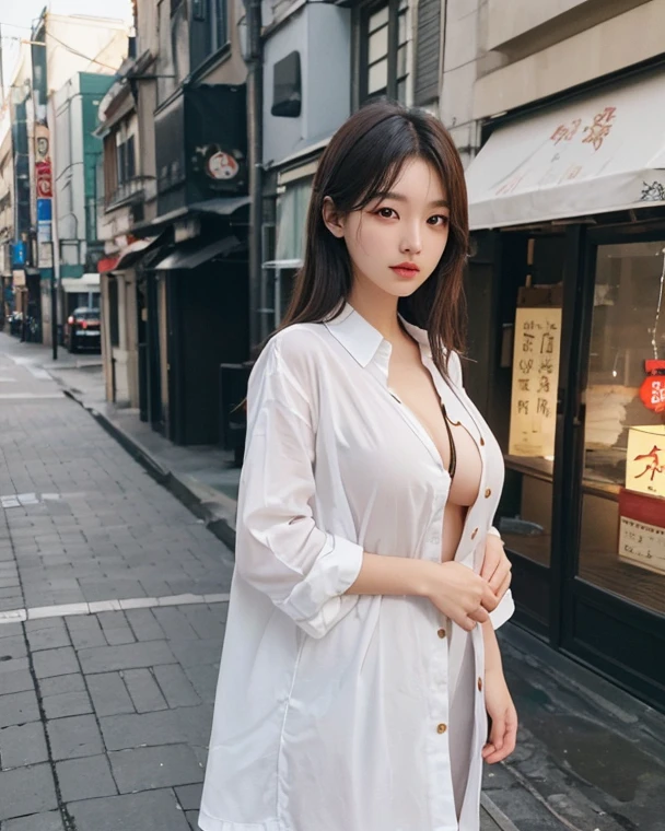 Best Quality Detail:1.2, realisitic, 8K UHD, Hight Resolution, 1girll:1.2, The ultra-detailliert, High quality textures, delicate detail, The Details, super detailed CG, High quality shadow, Detail : beautiful delicate face, Detail : beautiful delicate eyes, depth of fields, Ray traching, 20's, Pretty Kpop girl, Korean Urzan face:1.1, Slim Faces, ulzzang -6500-v1.1:0.6, pureerosface_v1, Glow Eyes, teak, Glossy Lips, PerfectBody, chokers、cleavage of the breast、 Brown hair、ponytale:1.1, Street, Particle, looking up at viewer, Photorealcitic:1.4, extremely highly detailed, photograph realistic, 4K 8K UHD Full Color RAW Photos, Fujifilm(Medium format:1.2), Hasselblad:1.2, Carl Zeiss:1.1, Stunning dynamic range photos(useful_artwork: Smooth-768:1.1), Hight Resolution, High pixel count, clear details, crisp image, Natural color reproduction, Noise Reduction, High fidelity, , Software Enhancements, Upscaling, Optimized algorithm, Professional-grade retouching、((Shibuya, Tokyo))、On the way to shop、((Stylish clothes with a very high design))、Shirt dress: Oversized shirt dress、Simple and fashionable style