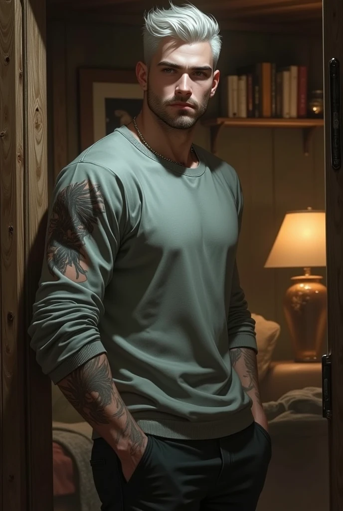 A soldier who is panting (very muscly) and showing chest and abdomen and with injuries sitting on a bed