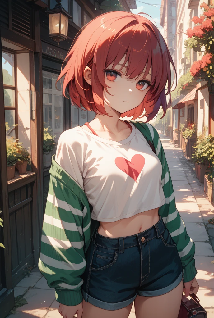 volumetric lighting, best shadows, shallow depth of field, portrait of stunning, petite, delicate girl, attractive face, seductive green eyes, happy smile, closed mouth, lovely medium breasts, (short red hair), freckles, thick eyelashes, pink open pop jacket, white underboob mini t-shirt, open navel, slim waist, denim shorts, walking on the street, (high quality, amazing details: 1.25), bright colorful paintings,