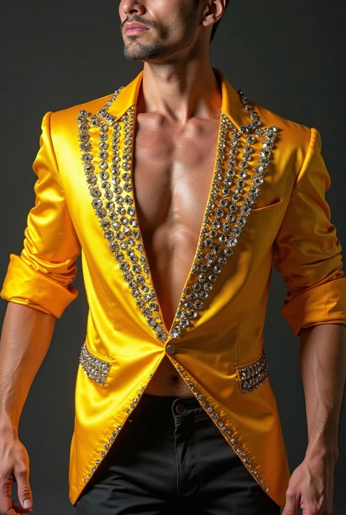 A muscular handsome man, (face: Elvis Presley), extremely detailed face, perfect face, short hairstyle, looking at viewer romantically, golden jacket, black pants, shirtless, sexy look, smooth skin, 