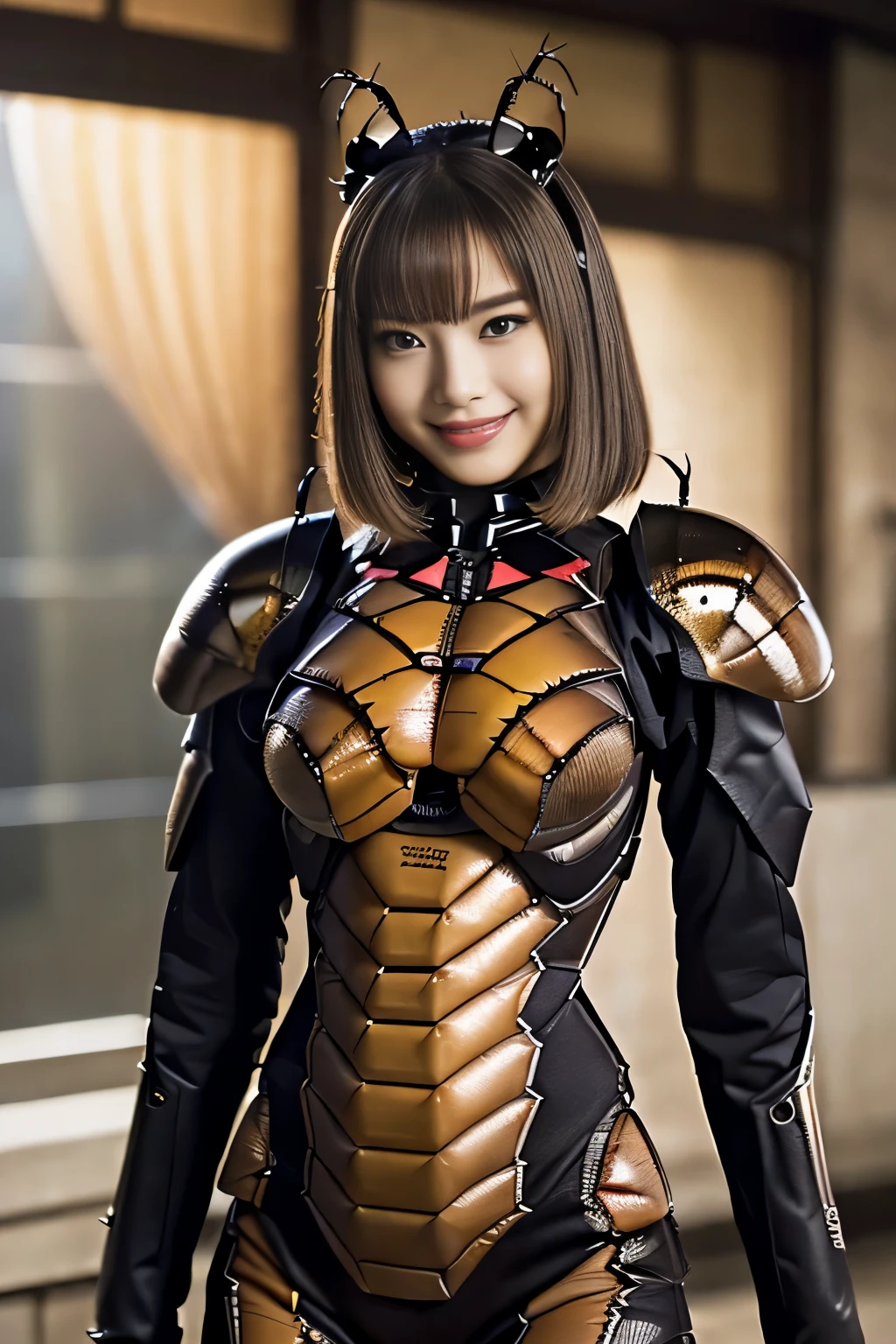 (High resolution,masterpiece,highest quality,Very detailed CG, anime, official art:1.4), realistic, photograph, amazing detail, everything is complicated, shiny and glossy,Amazing number of layers, 8K wallpaper, 3D, sketch, cute, figure,( alone:1.4), perfect female proportions,villain's daughter, (Fusion of dark brown cockroach and lady:1.4), (brown cockroach woman:1.2), (brown cockroach woman:1.2), (Fusion:1.2), (alone:1.4), (evil smile:1.2), muscular, abs, (Cockroach brown exoskeleton bio insect suit:1.4), (Cockroach brown exoskeleton bio insect armor:1.2), (brown transparent cockroach feathers:1.4), (Antennae of brown cockroaches:1.3),