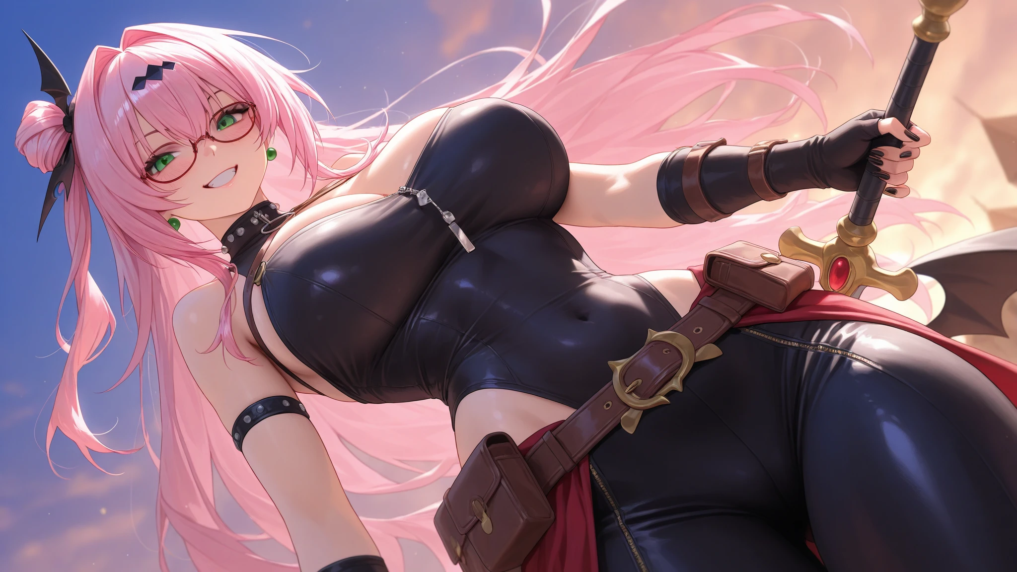 ((solo)), (woman), black eyes, pink hair, very long hair, messy hair, black colored inner hair, (sculpted body), big breasts, thick, mature body, red and black horns, demon horns, a close up of a person with a great sword in a village, detailed key anime art, honkai star trail character, casimir art, masamune shiro, masamune, beautiful woman in demon slayer art, genshin, heise jinyao, shadowverse style, (no logos), white shirt, jacket, jeans shorts, eye reflection, depth of field, cinematic lighting, ray tracing, depth of field, cinematic lighting, ray tracing, UHD, high details, best quality, highres, high quality, award winning, super detail, masterpiece, 8k, UHD, high details, best quality, highres, high quality, award winning, super detail, masterpiece, 8k