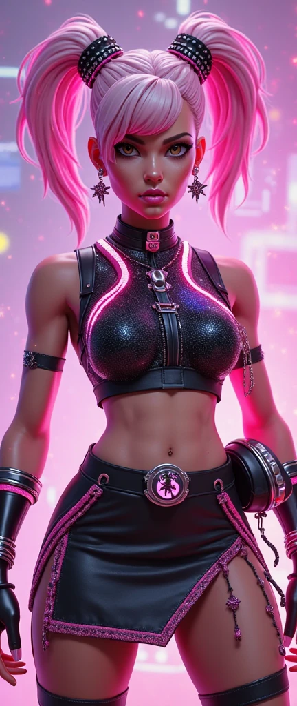 true damage qiyana, 1girl, halterneck, pink bra, leggings, jewelry, single hair bun, blue hair, multicolored hair ((photorealistic:1.4)), ((masterpiece)), 1girl,, beautiful detailed girl, extremely detailed eyes and face, red eyes, light on face, cinematic lighting, big breasts cameltoe