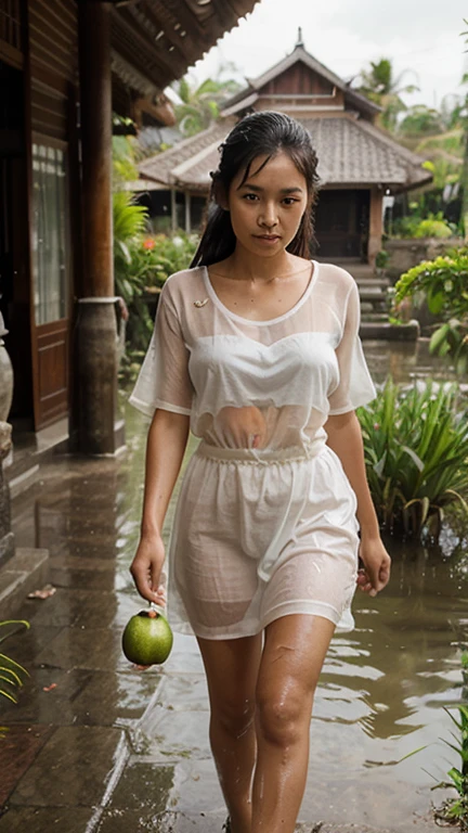 Beautiful javanese girl, traditional dress, in the river , wet