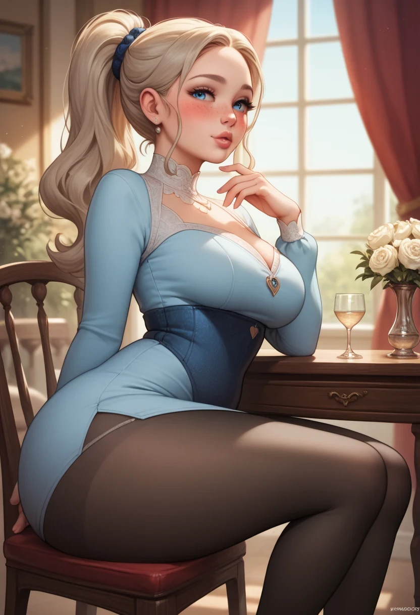 High quality, high resolution, masterpiece, intricate details, 1 girl, beautiful, cute face, big plump lips, beautiful blue eyes, long platinum blonde hair, ponytail, freckles, cute nose, long light blue dress, tight dress, black pantyhose, slim, (pudgy midsection:1.2 ), wide hips, fat butt, big butt, thick thighs, romantic resturant, romantic atmosphere, detailed background, tables, chairs, sitting, sexy pose, blushing 
