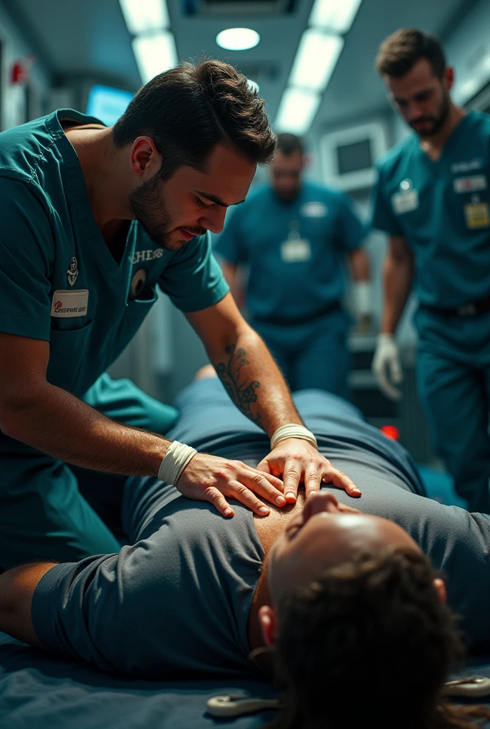 In an anatomy classroom, an iranian man, bearded and hairy, dark-skinned, is lying on an examination table, wearing only white underwear. He is watched closely by a group of casually dressed students curiously standing around., all focused on learning about the human body. The room is bright. 