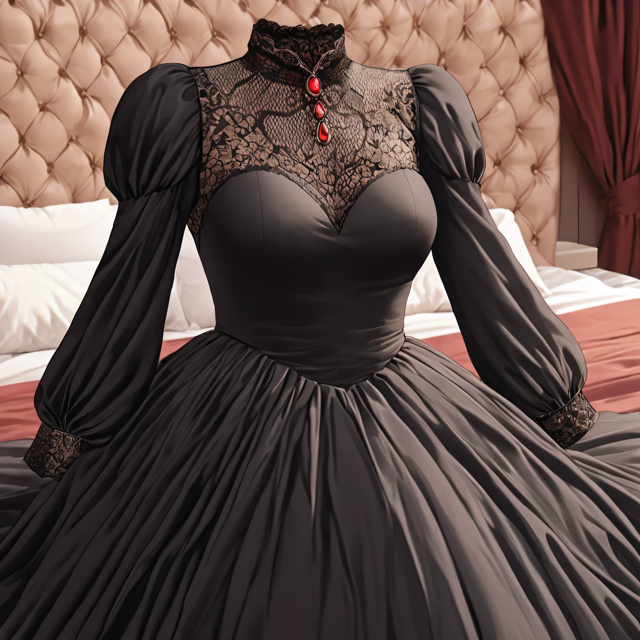 black dress, dress, long dress, long sleeves, juliet sleeves, on bed, (invisible:1.5, no humans:1.5, headless:1.5, faceless:1.5), cute big huge breasts, detailed cloth texture, extremely details, close-up to breasts, (Best-quality, Masterpiece, Ultra-High-Resolution)