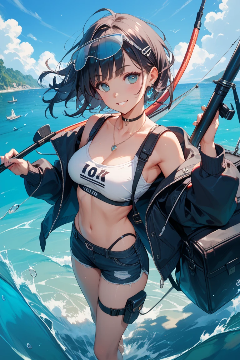 masterpiece,anime style,chibi,sexy girl,black hair,shoulder length hair with two pigtails,bikini,with headphones,smiling,big breasts,waiting on the right side of the image,showing cleavage,full body,standing,nude,