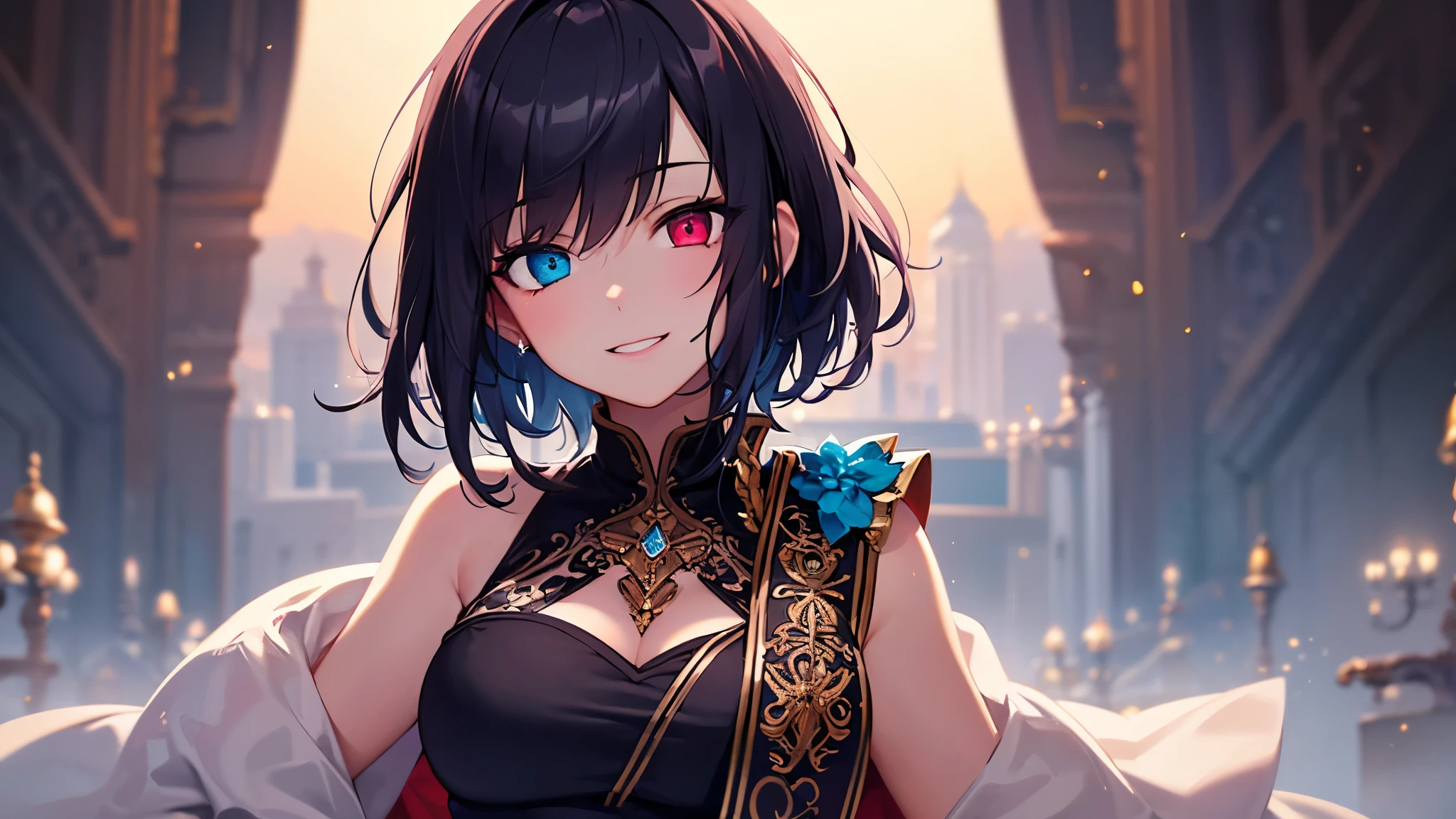 {1girl in,Shorthair, A dark-haired, blue eyess, rcasual}, {Smiling, A smile, Red face,｝{Fantasia,The sword,Dark, dark}, concept-art, beautiful anime scene, Beautiful anime scenery, top-quality, ​masterpiece