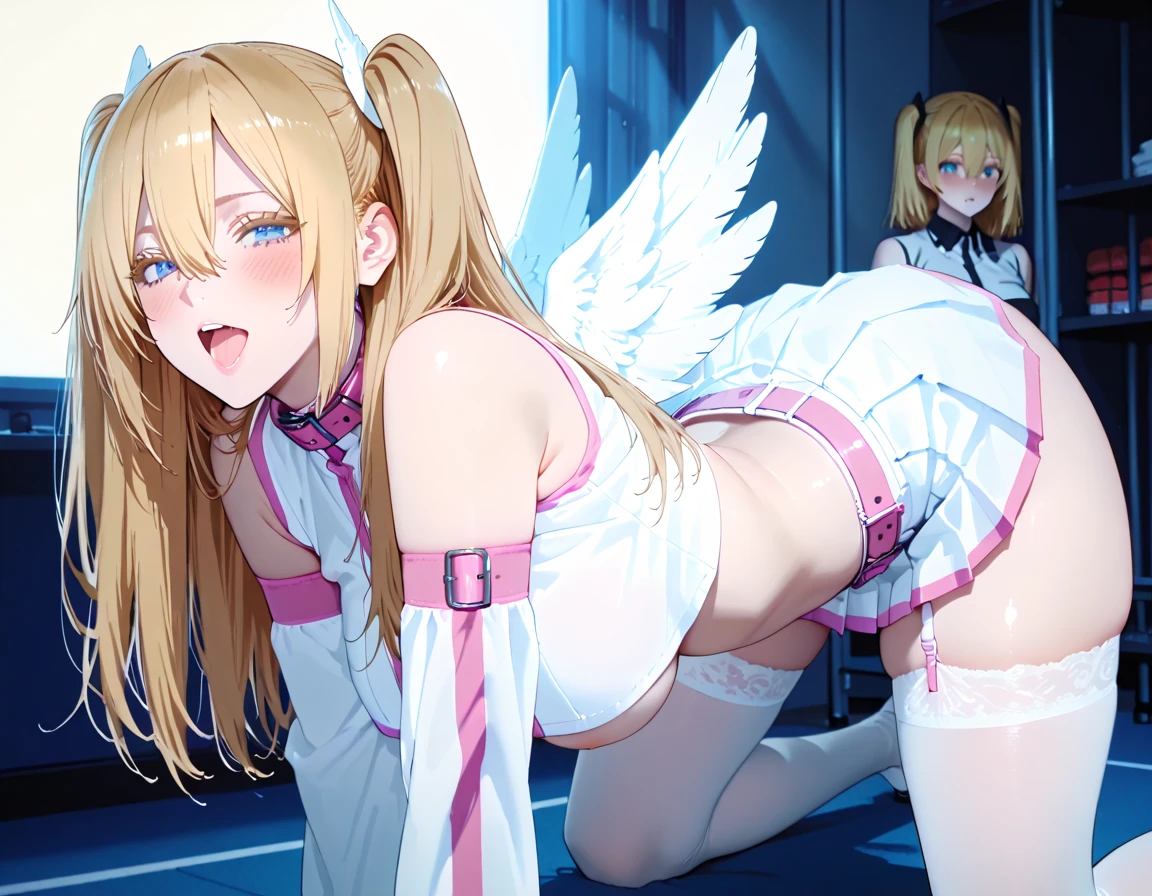 (NSFW:1.3), No correction, masterpiece, very detailed and beautiful, anime style, , very cute, sex with multiple men, Lying, take off clothes, from below, (Seraph:1.3), angel ring, platinum dress armor, white clothes, blue skirt, Gold Accessories, medium long hair, Blonder Hair, Hair braided from left to right and back, Barrette, gray eyes, glare at viewer, spread your legs, penis inserted, Crowd of angels, Bukkake, church