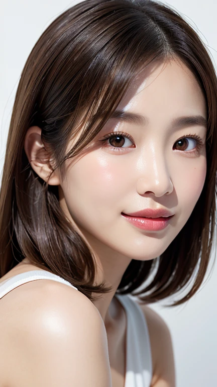 Close-up of a woman with brown hair and white background, Korean facial features, Larisa Manovar, Popular Korean makeup, Popular Korean makeup, Young and adorable Korean face, Beautiful aesthetic face, Korean symmetrical face, Beautiful Japanese girl face, Beautiful Korean Women, have round cheeks, A clear and pretty face, Beautiful young Korean woman, One adorable Korean face
