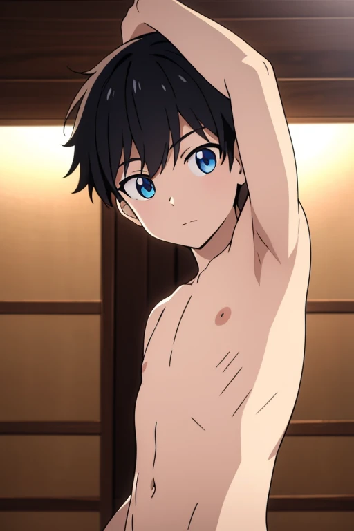 Highres, Masterpiece, Best quality at best,Best Quality,hight quality, hight detailed, Anime style, 1boy, Shota, young boy, Solo person, smile, Blue hair, Straight hair, school, Shirtless, Bare shoulder, Seen from the front, look at viewer, Upper body, choker, Baby face, Such a cute smooth armpit, The armpits of a 12 year old boy, Adorable little armpits, Give me a proportional picture of a 12 year old boy's armpits, (very young boy), (very small and short body), 12-year-old boys, uhd, blurry beckground
