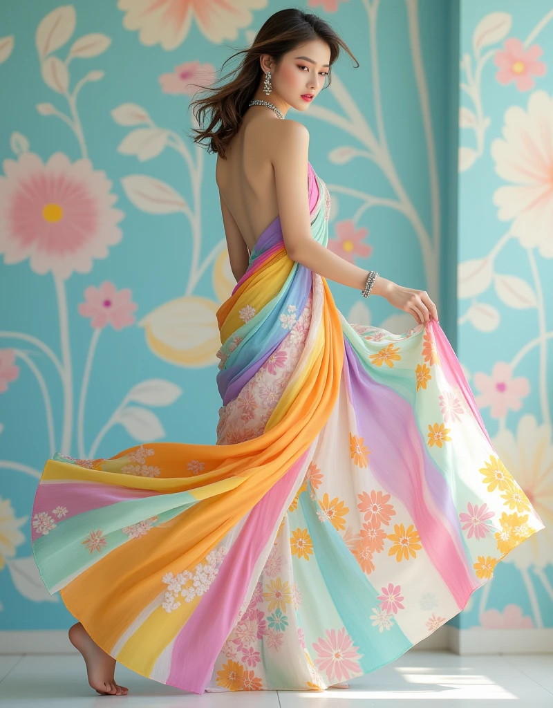 (Best quality, masterpiece, ultra high res), woman, Looking over the shoulder pose, colorful photography, highly edited, immense colors, after effects. full body shot, bare foot, very detailed