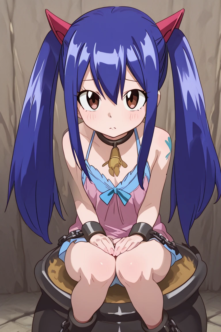 (((wendy))), fairy tail, anime art style, 1girl, solo, small_breasts, dressed, long_hair, (((looking away))), shy, (taking off panties, panties at knees, panty pull, face closeup), embarrassed, maid outfit, hair_ornament, blushing, hair_between_eyes, twintails, brown_eyes, ((dark_blue_hair)), parody, style_parody, anime_coloring, short female, petite female, thick thighs, loli, maid headwear, thick thighs, thigh highs, bowtie on panties, bending over,  facing viewer, standing, (pov)