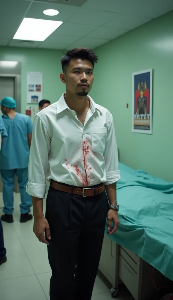 blood-stained surgical gown with visible splatters and smears of blood.
Surgical gloves, also covered in blood, with some tears and wear.
A surgical mask that has dark, ominous stains and possibly a sinister smile peeking from behind it. Holding a bloody scalpel or surgical saw in one hand, with blood dripping from the blade.
Other surgical tools like forceps or scissors can be tucked into the pockets of the gown, also stained with blood.
A headlamp or surgical cap with blood splatters for additional detail.