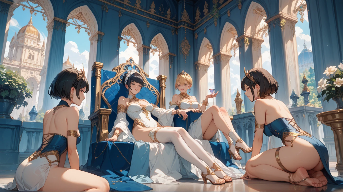 (masterpiece, best quality), best resolution, (3heads:1.5), 1girl, blond hair, gold eyes, dynamic angle, leotard, dress,  smug, sitting on a throne, legs crossed, golden armor