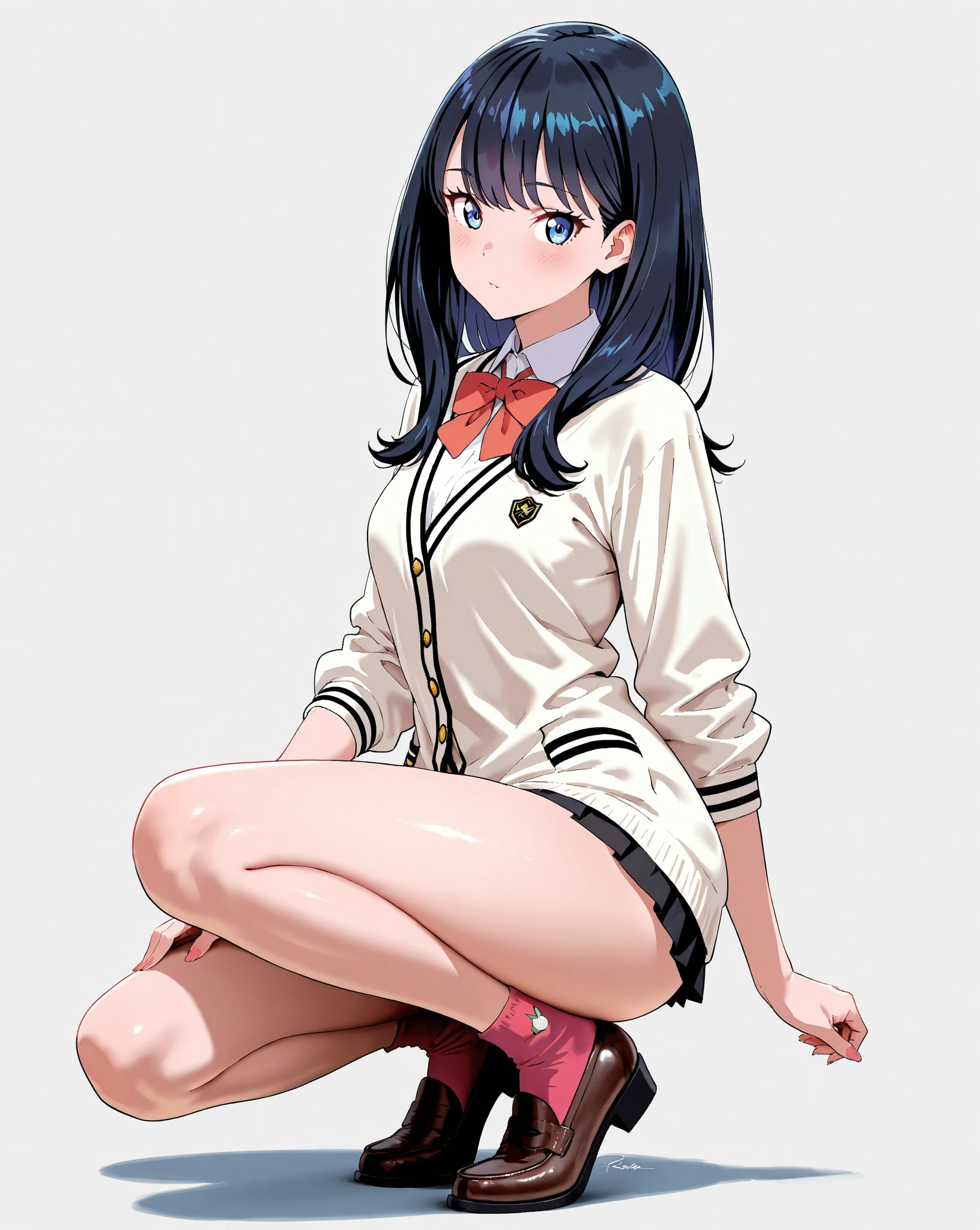 Woman, short and straight hair, blue colored eyes, white jacket, white skirt, long white high heel boots, black choker, sem T-shirt, average , cups, nice legs, sexly, Secretary