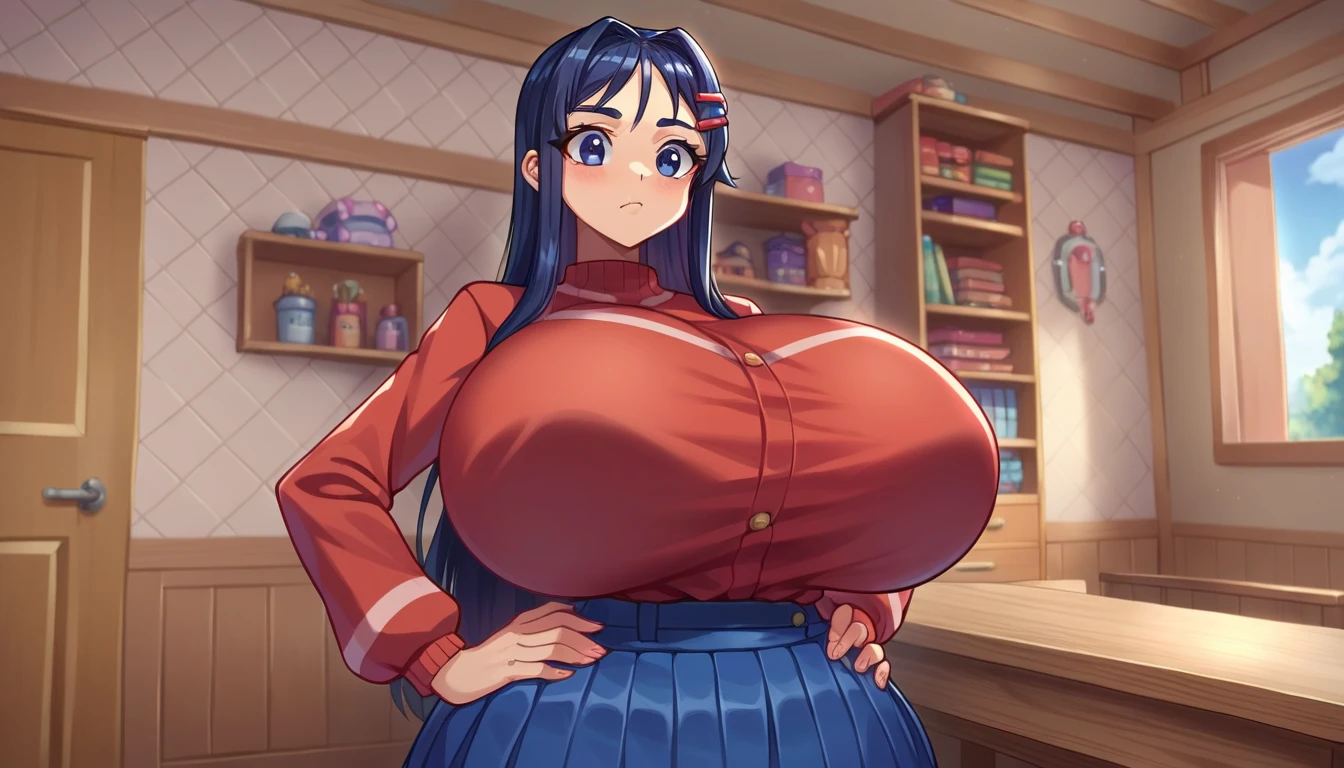 Fat ssbbw girl, a woman standing in front of a display case, tattoo sleeve on her right arm, school uniform, shirt, balloons, excessivism, huge black circle, layered skirts