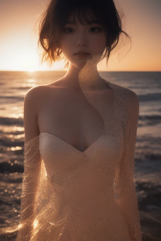 4K resolution,8K resolution,beautiful,Highest quality,Absolutely wonderful,Very detailed,Ultra-high resolution,masterpiece,Realistic,Realistic,Increased depth of field,Cinematic Light,
One elegant mature woman,
Very short black haircut,精巧なディテールのbeautiful顔,Moist eyes,Sensual look,Glossy skin make-up,Transparent white skin,Very sensitive skin,Great proportions,Glamorous Body,Anatomically correct body,
Summer Beach Dress,Summery design,Beautifully detailed pattern,Detailed cloth texture,
Romantic seaside scenery,Dark night sky,Coastline stretching to the horizon,Deserted beach,Dark sea surface,
Cinematic Angle,