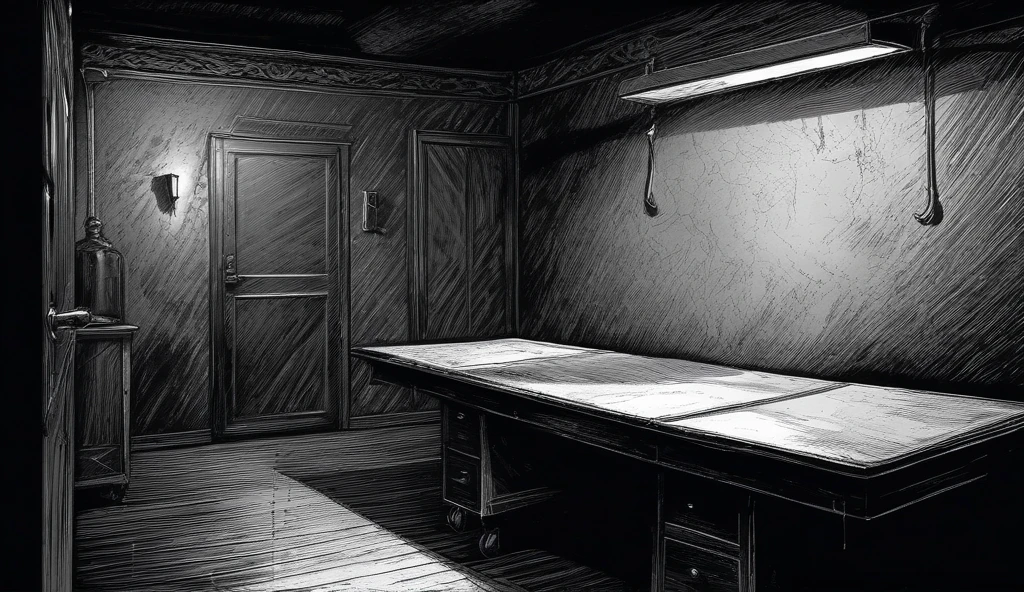 make a room with a dark apocalyptic setting, In this room there is a person looking at the door and wearing a backpack on their back., the door is open and there are 2 rotting zombies with exposed wounds and sinister eyes heading towards the person in the room to attack them..