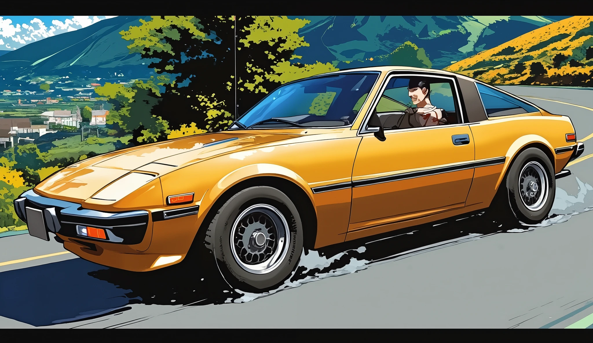 Mazda、SAVANNA RX-A22C(FB)、Gold car body、Sunny summer day、running through the pass