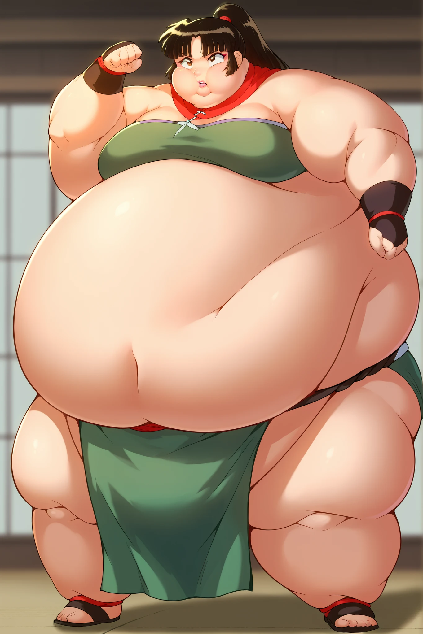 portrait, sharp focus, soft lighting,, , illustration, depth of field, (bloom:0.4), score_9, score_8_up, score_7_up, source_anime, inuyashasango, sango, long hair, black hair, brown eyes, ponytail, bangs, fat, chubby, obese, green tube top,loincloth, a mawashi, sumo wrestler, shiko dachi stance, horse stance, full body shot, Fat_neck , Fat head , eyes with crushed cheeks , nose with crushed cheeks , mouth with crushed cheeks , chin roll, big lips