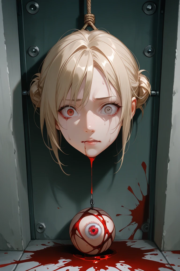 masterpiece, best quality, 1girl, pale skin, dirty- blonde hair, messy hair, red eyes, glowing eyes, creepy, creepy smile, crazed expression, blood on face, blood on clothes, walking, slumping, hanging arms, loose arms, white hospital gown, hospital gown, hospital, hallway, dark, lights, creepy, scary, blinking lights, blood, horror, dim light