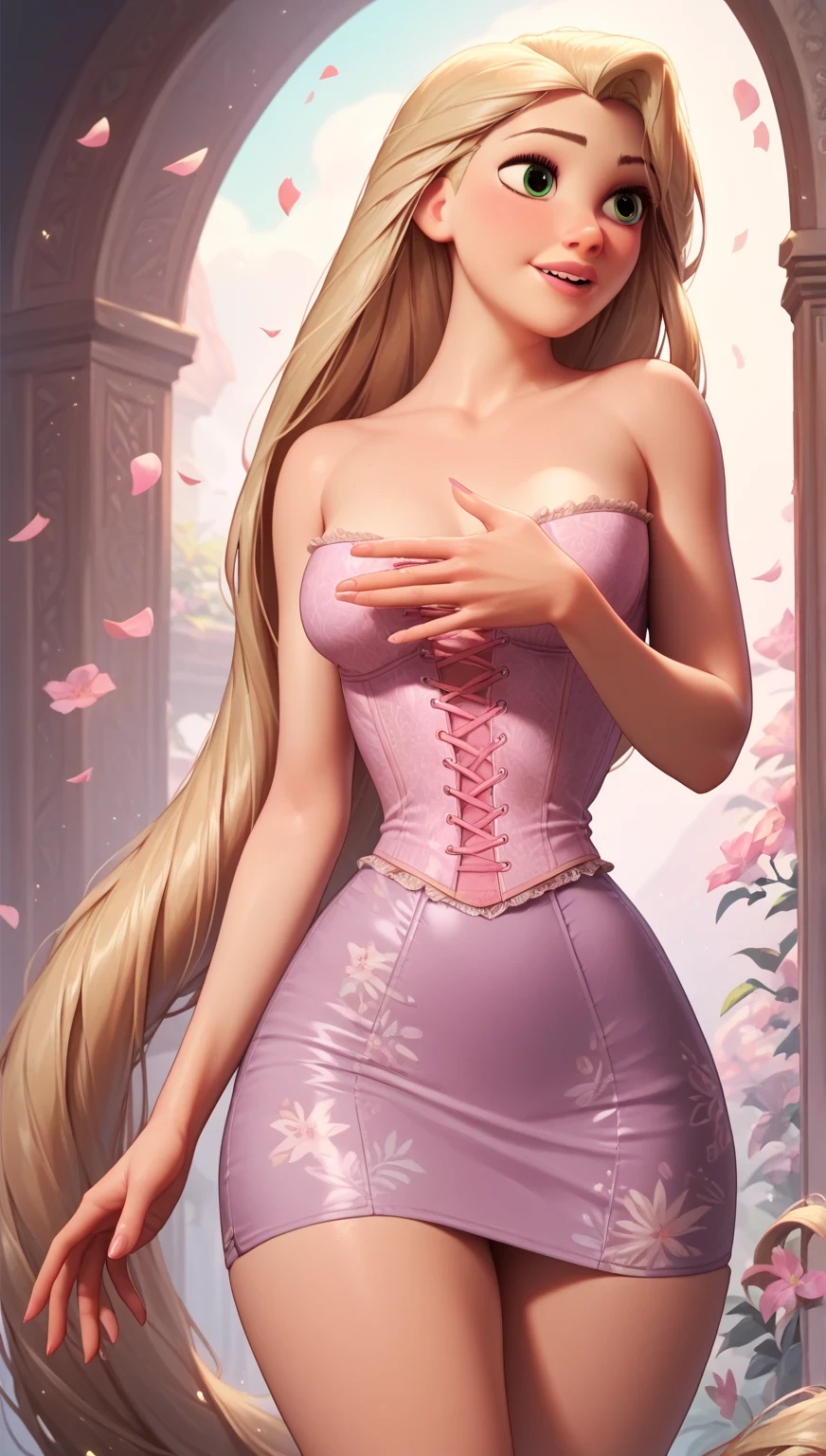 DisneyAurora, 27 years old, full body view Beautiful woman (((long wavy blonde hair, two side up with bangs))) defined body, voluptuous, sexy, cherry red lipstick, arms by her sides, hands free, happily smiling, standing facing camera((( bright pink nightgown ))), in moonlit grassy field, (large_breasts:1.0) (curvy:1.0)