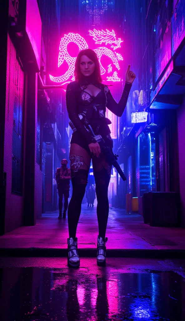Pretty woman, The anti hero wears a black and purple outfit, Laser katana sword in hand, White skin, long black hair, painting, Jeff Bridges, ((Cartoon style)), أسلوب Marvel Cinematic Universe, (((Cyberpunk city in the background))), Soft bokeh for the futuristic city, Ghouls are coming, Jeremy Mann, Greg Manches, Antonio Moro, Trend in Artstation, Trend in CGSsociety, complicated, High detail, Intense focus, Dramatic and realistic art by Midjourney and Greg Rutkowski, Bokeh in the background