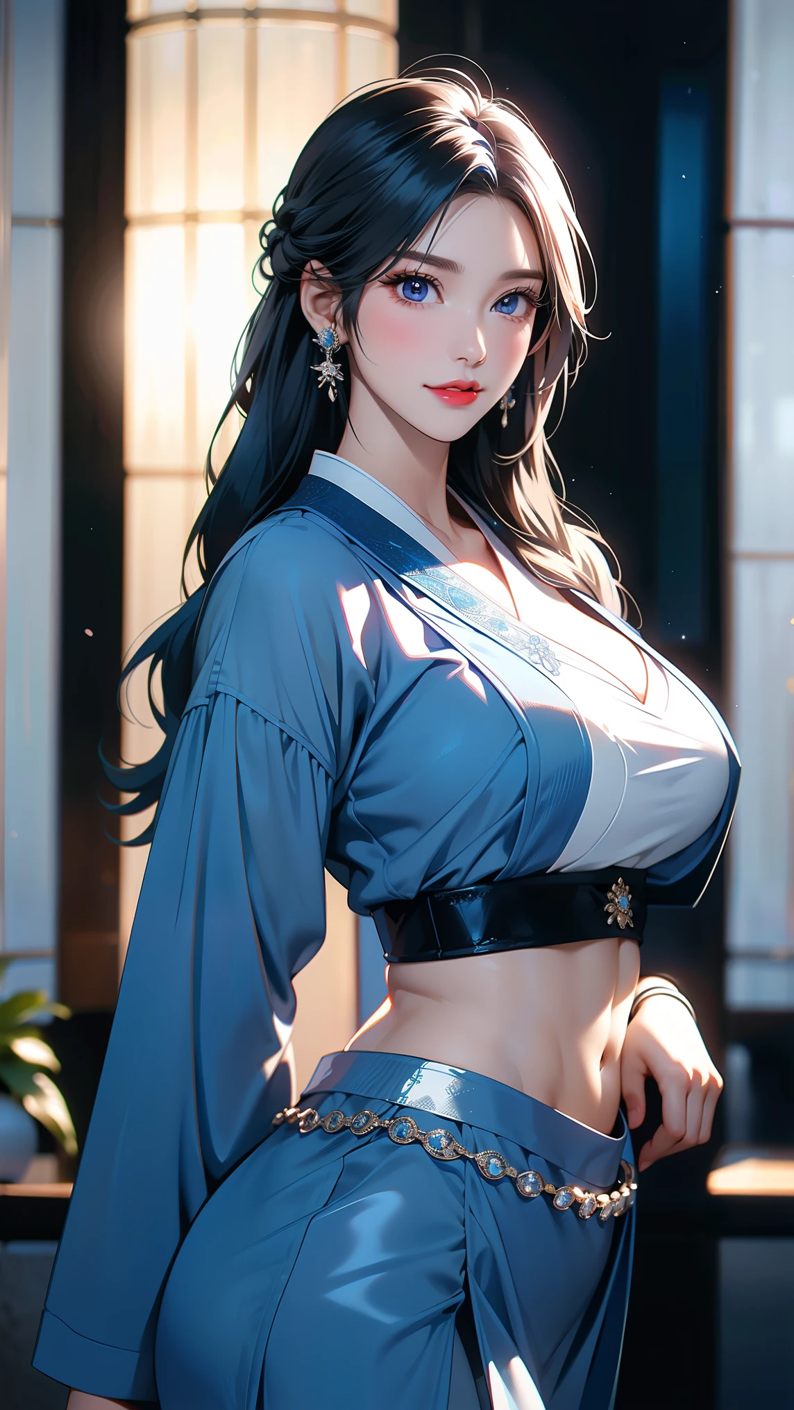 A girl around 13 years old，Pale skin，Very long hair, Black straight hair. big、Black eyes , With a strong and mysterious expression. Dressed in orphan clothing style, More elegant and refined, Something that matches her mysterious and strong personality. comprehensive, Her presence will attract attention, Attract curious and inquisitive eyes. flat chest, movie lighting, Chromatic Aberration, Backlight, masterpiece, High Detail, high quality, 4k.(breasts),Off-shoulder，sleeveless，No underwear，Sexy pose，blush，Perfect makeup，Hyperrealism，Kodak Photography， ( open sweater，crop shirt underboob)，Dreamy colors，Hyper-realism，Unreal Engine 5，Octane Rendering，Award-winning works，Photography，

