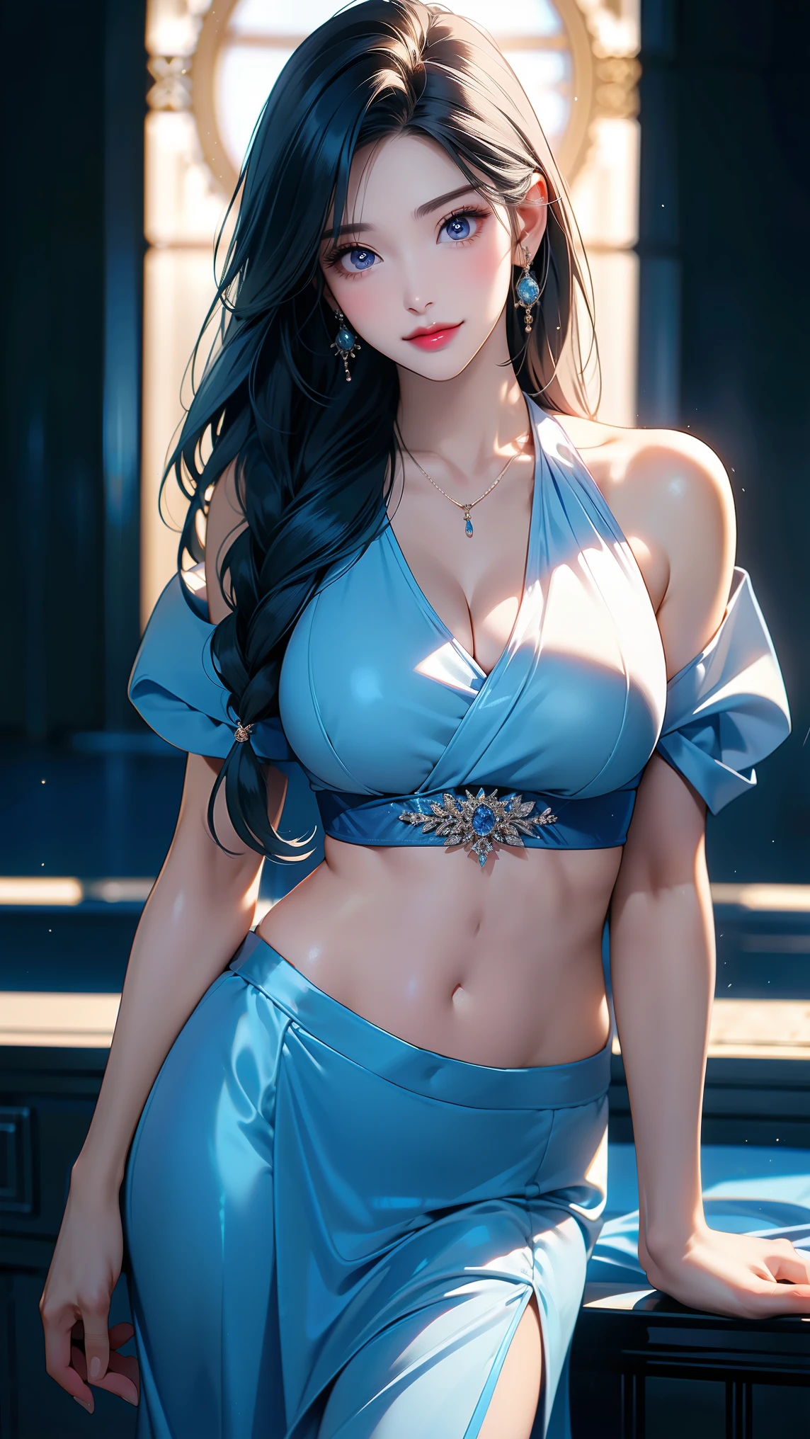 超高分辨率, (Photorealistic:1.4), RAW photo,16k,
1girll, Solo,Blush, Sitting, Black hair, Bare shoulders, Long hair, Blue and white striped bikini swimsuit,huge tit,Light blue ribbon,Earrings,jewelry,Wide sleeves,((Shawl)),cleavage,nipslip,
