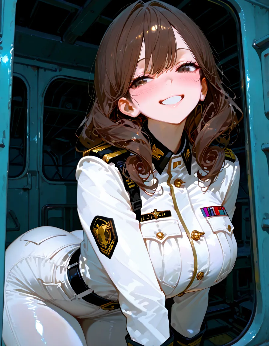 (Highest quality:1.2, artwork, Very detailed, expensiveディテール, digital coloring, High Contrast, masterpiece:1.2, Highest quality, Best aesthetics), 8K,masterpiece, cute,expensive,beautiful,Highest quality, 1 female,Black Hair,Long Hair,Hollow Eyes, (finely detailed empty pupils and Detailed face),,,,Very detailedな CG ユニティ 8K 壁紙,alone,(Latex military costume:0.9),Large Breasts,Captivating smile,military hat,latex thigh high,Large Breasts,Black Hair,Pink Eyes,Pink leotard,pantyhose,Military coat,patent leather suit,Glossy Lips,Sitting,Bust Shot,Sadistic smile,,all,Shiny skin,Military coat,Detailed face,beautiful body,whole body,Adult,whole body油まみれで光沢感がある whole bodyから湯気が出ている Steam like a sauna room fills the screen... White breath from the mouth