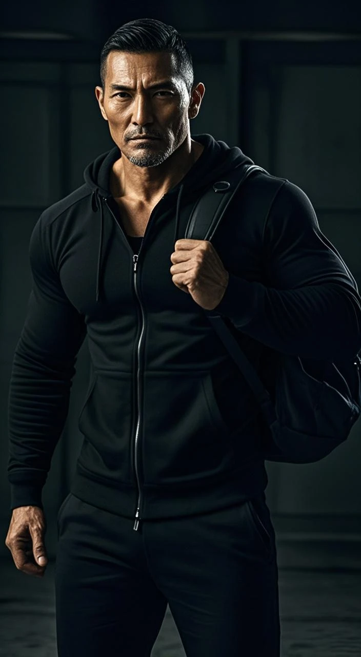 man in a black hoodie and black pants with a hoodie on, ripped, six-pack, with abs, six pack, [ rigidly defined abs ]!!, [ adamantly defined abs ]!!, beautiful handsome body, fitness model, sporty physique, sweaty abs, mid-shot of a hunky, six packs, male model look like Hrithik Roshan, 8k high resolution, photorealistic details on face and body.